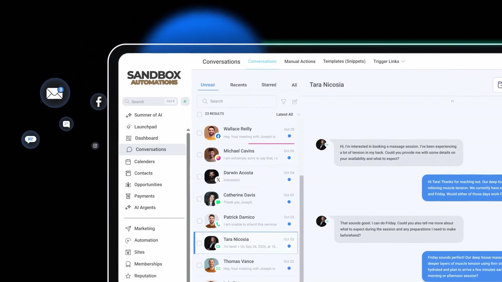 The conversations inbox with messages from several customers
